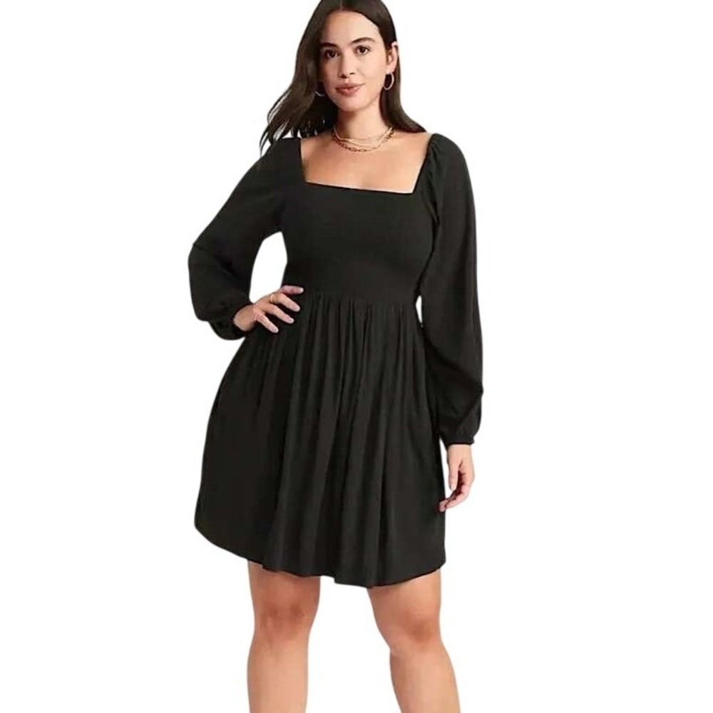 Old Navy Fit & Flare Puff Sleeve Black Smocked Mini‎ Dress Black L Cottagecore